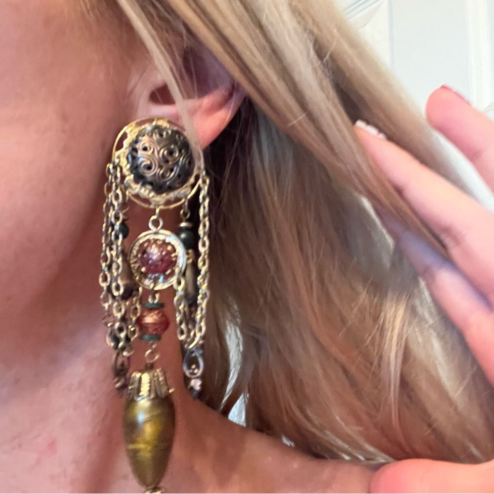 Vintage Boho Clip On Earrings Gold Tone Dangle Fringe 4”